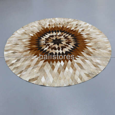 Özel Tasarım Yuvarlak Deri Patchwork Halı Krem-Kahve - 2