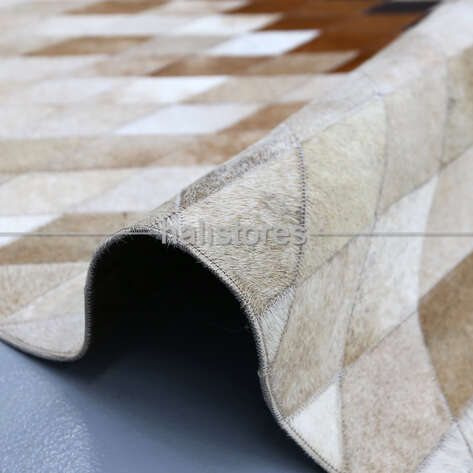 Özel Tasarım Yuvarlak Deri Patchwork Halı Krem-Kahve - 3