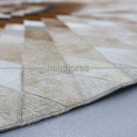 Özel Tasarım Yuvarlak Deri Patchwork Halı Krem-Kahve - 4