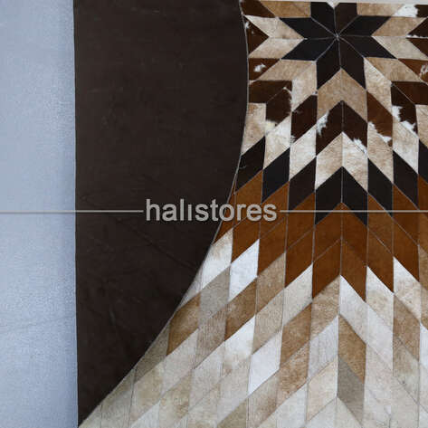 Özel Tasarım Yuvarlak Deri Patchwork Halı Krem-Kahve - 6