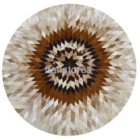 Özel Tasarım Yuvarlak Deri Patchwork Halı Krem-Kahve - 1