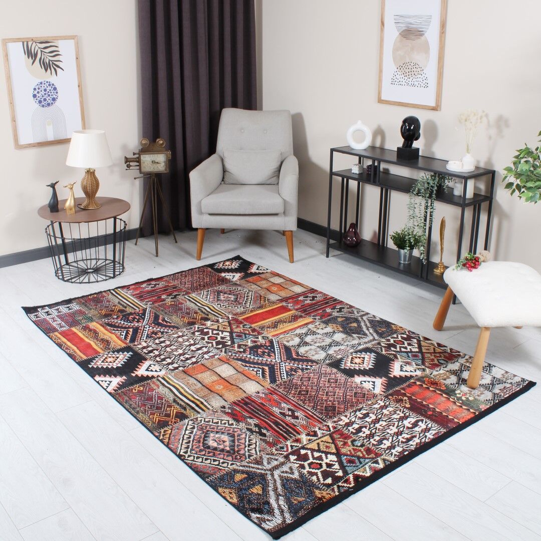 Patchwork Desenli Etnik Yumuşak Dokulu Yıkanabilir Halı Çok Renkli