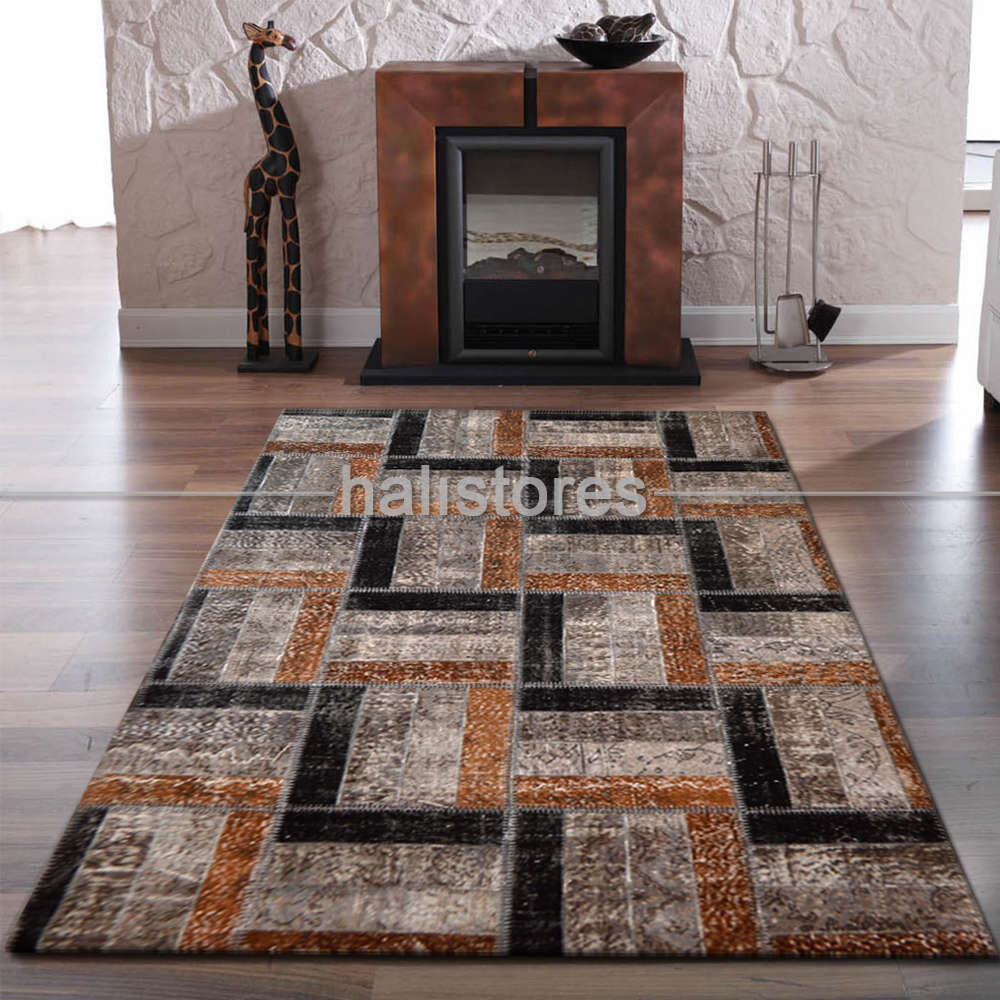 Patchwork El Halısı Stripe Gri Kahve