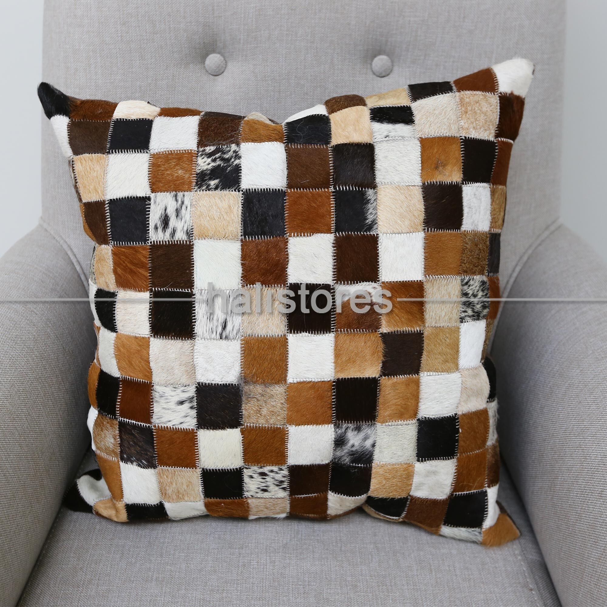 Sığır Derisi Yastık Kılıfı Patchwork Krem Kahve