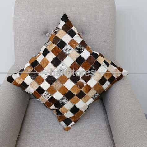 Sığır Derisi Yastık Kılıfı Patchwork Krem Kahve - 2