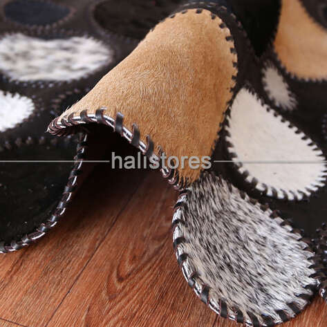 Siyah-Beyaz Deri Patchwork Halı - 5