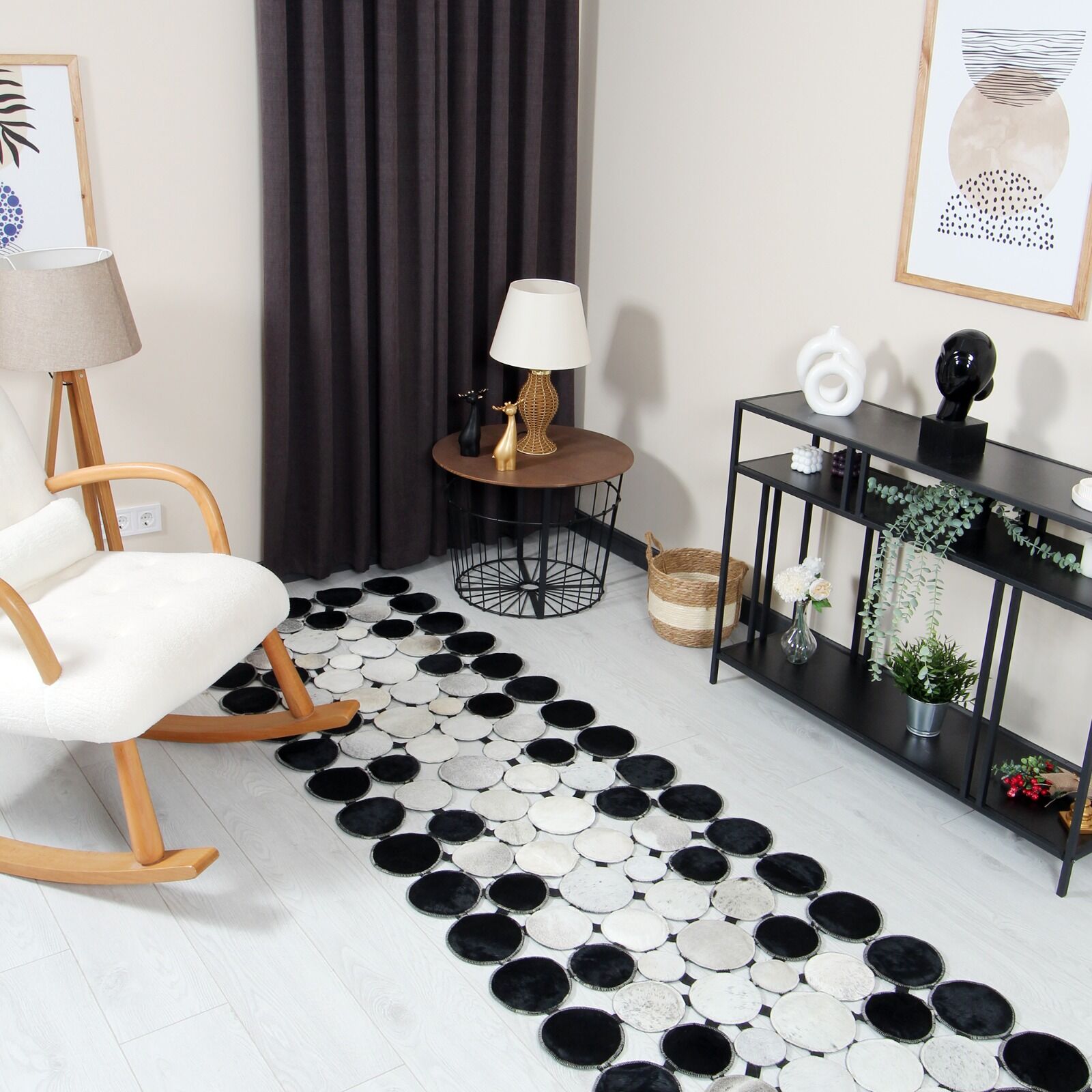 Siyah Beyaz Tasarım Deri Patchwork Halı