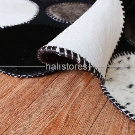 Siyah-Beyaz Yuvarlak Deri Patchwork Halı - 3
