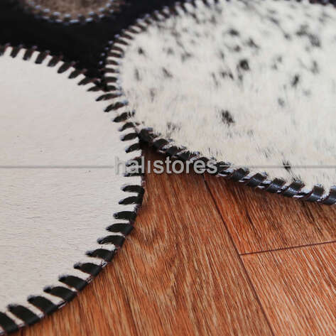 Siyah-Beyaz Yuvarlak Deri Patchwork Halı - 5