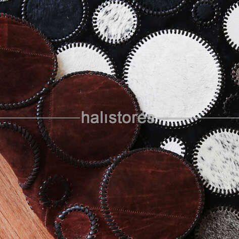 Siyah-Beyaz Yuvarlak Deri Patchwork Halı - 6