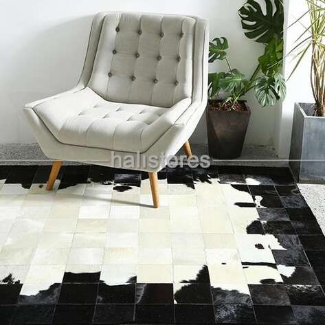 Siyah Çerçeveli Krem Geçişli Deri Patchwork Halı - 3