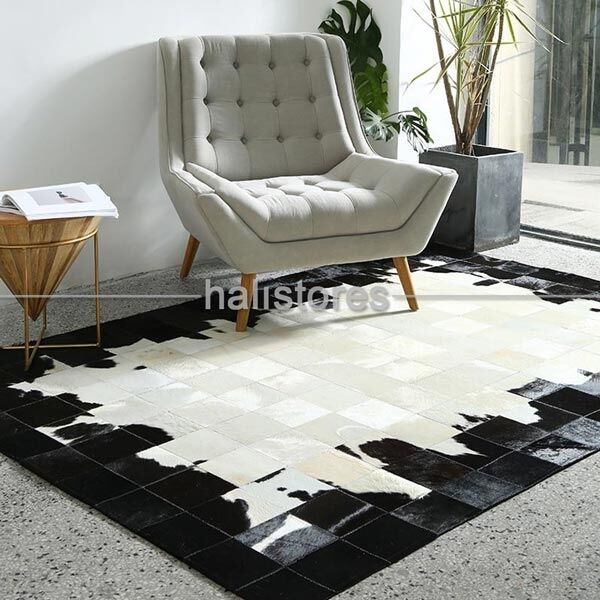 Siyah Çerçeveli Krem Geçişli Deri Patchwork Halı