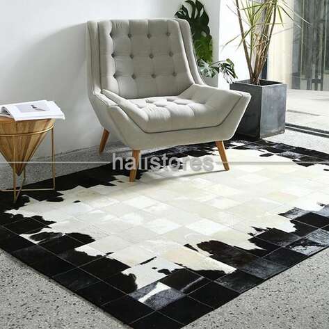 Siyah Çerçeveli Krem Geçişli Deri Patchwork Halı - 1