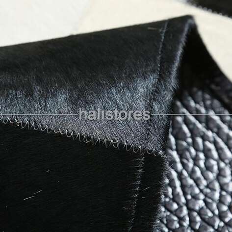 Siyah Çerçeveli Krem Geçişli Deri Patchwork Halı - 5