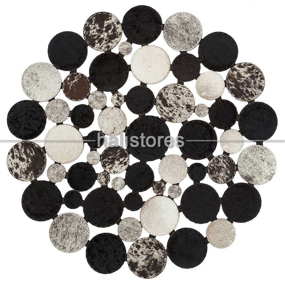 Siyah-Krem Yuvarlak Deri Patchwork Halı
