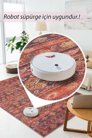 Etnik Desenli Dokuma Taban Dekoratif Kırmızı Halı HS 215 - 5