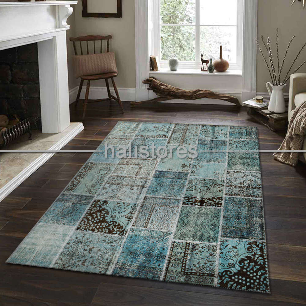 Turkuaz-Mavi Patchwork El Halısı
