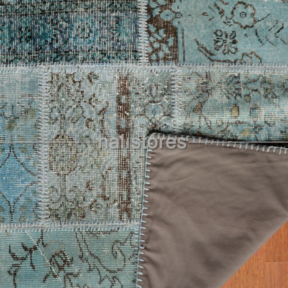 Turkuaz-Mavi Yuvarlak Patchwork El Halısı