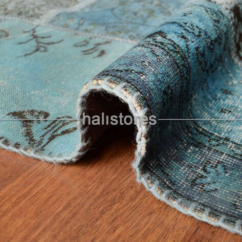 Turkuaz-Mavi Yuvarlak Patchwork El Halısı - 2