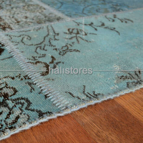 Turkuaz-Mavi Yuvarlak Patchwork El Halısı - 4