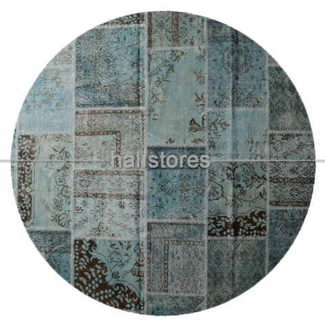 Turkuaz-Mavi Yuvarlak Patchwork El Halısı - 1