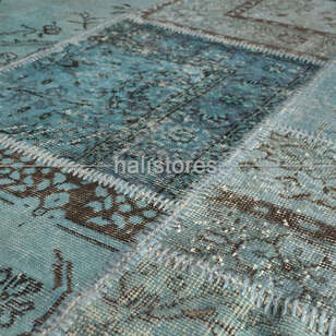 Turkuaz-Mavi Yuvarlak Patchwork El Halısı (3)