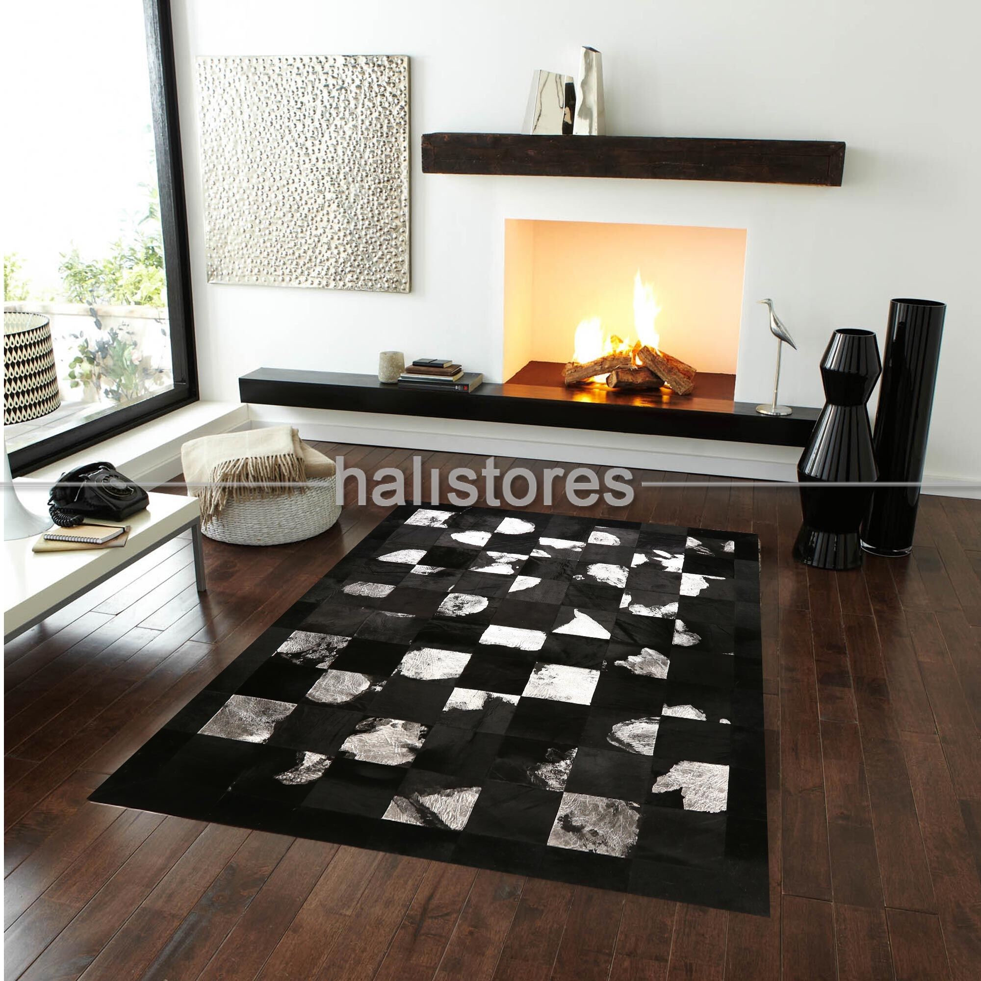 Varak Detaylı Siyah Deri Patchwork Halı