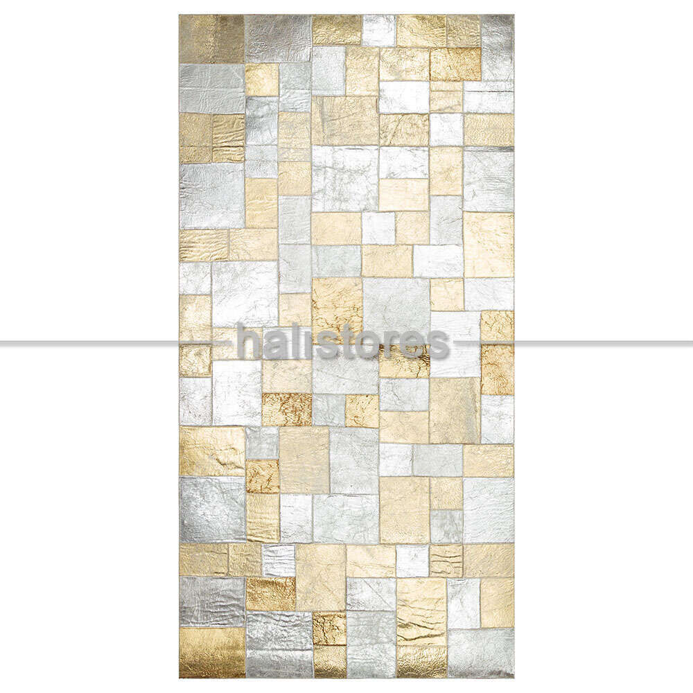 Varaklı Bej-Gri Deri Patchwork Halı