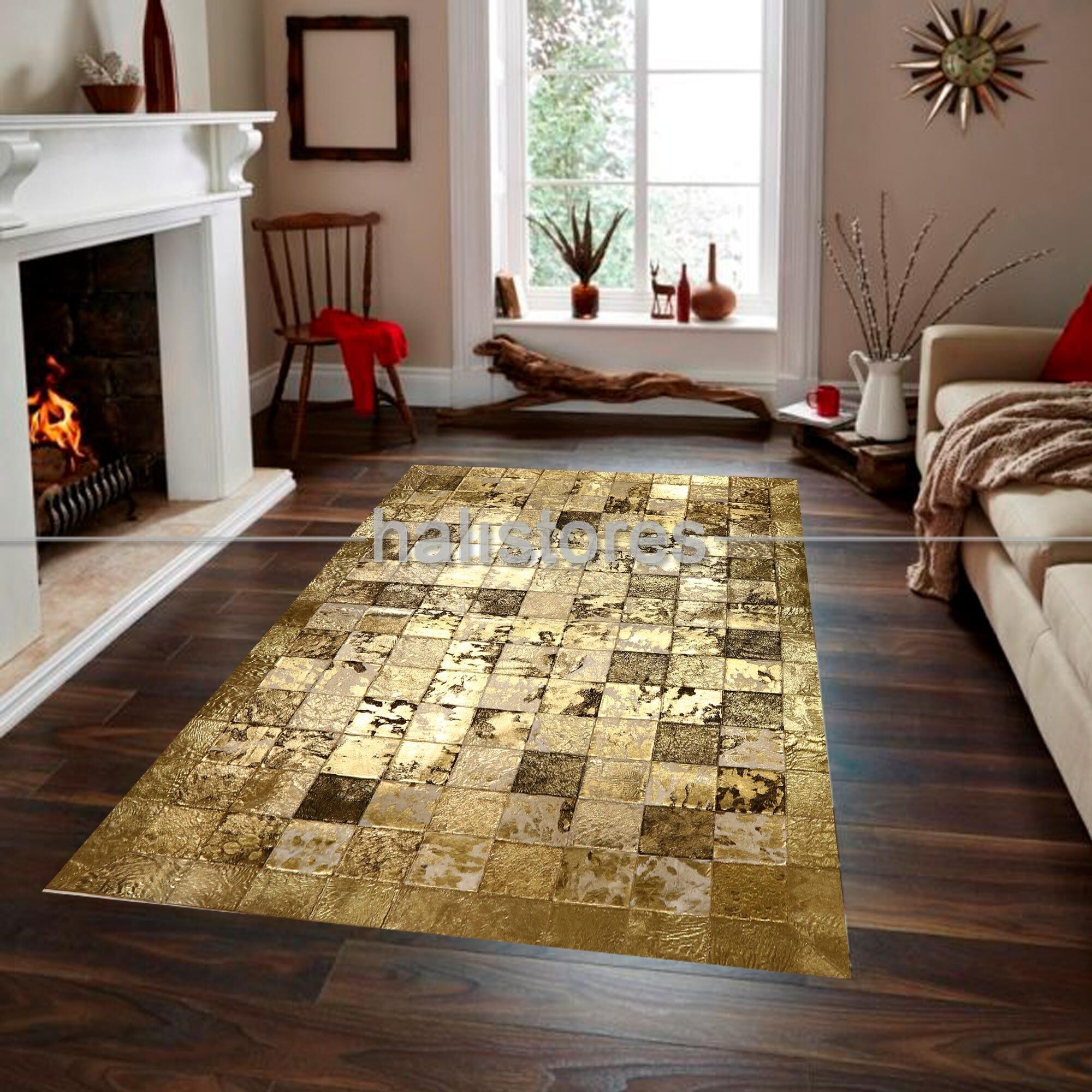 Varaklı Gold Deri Patchwork Halı