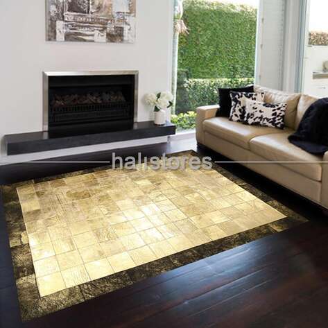 Varaklı Gold-Kahve Deri Patchwork Halı - 1