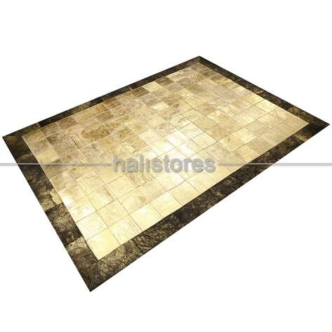 Varaklı Gold-Kahve Deri Patchwork Halı - 3