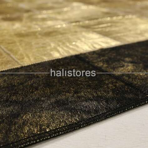Varaklı Gold-Kahve Deri Patchwork Halı - 5