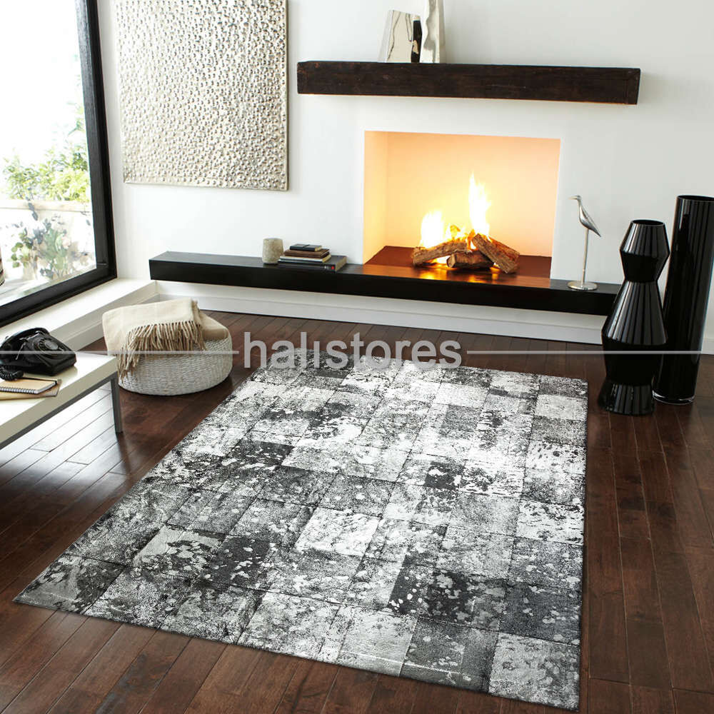Varaklı Gri Deri Patchwork Halı