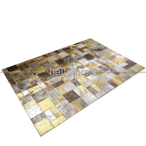 Varaklı Gri-Gold Deri Patchwork Halı - 3
