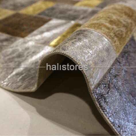 Varaklı Gri-Gold Deri Patchwork Halı - 4