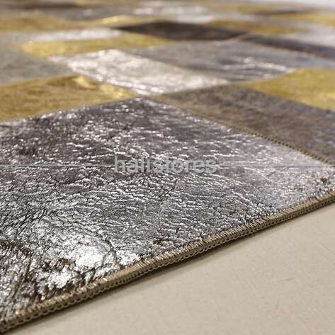 Varaklı Gri-Gold Deri Patchwork Halı - 5