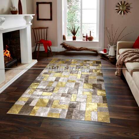Varaklı Gri-Gold Deri Patchwork Halı - 1