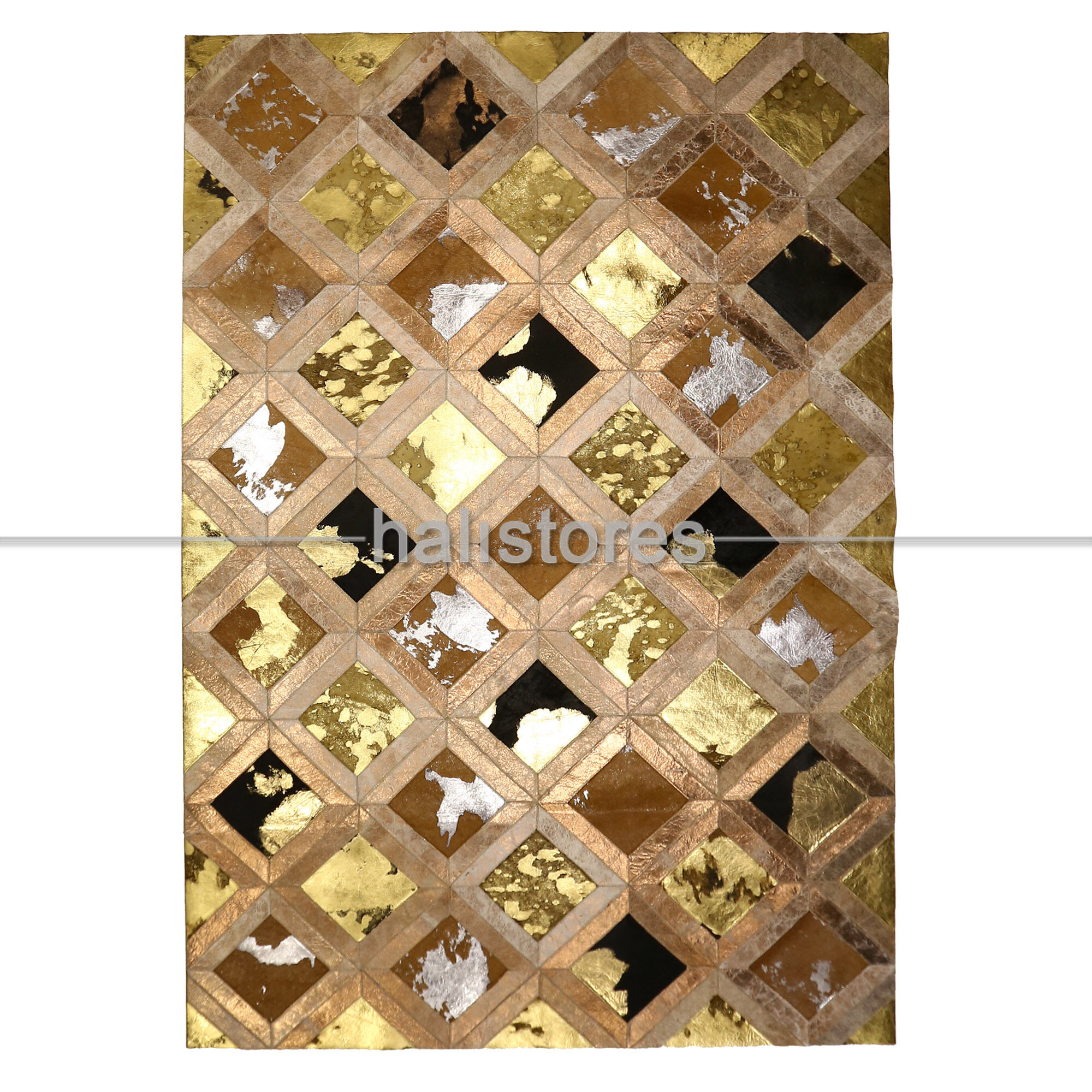 Varaklı Kahve-Gold Detaylı Deri Patchwork Halı
