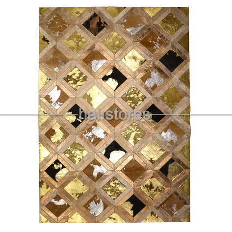 Varaklı Kahve-Gold Detaylı Deri Patchwork Halı - 1