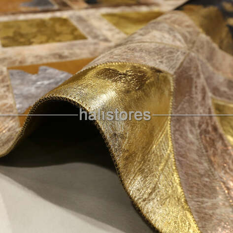 Varaklı Kahve-Gold Detaylı Deri Patchwork Halı - 3
