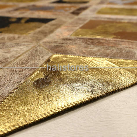 Varaklı Kahve-Gold Detaylı Deri Patchwork Halı - 4