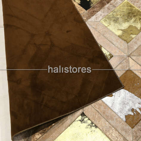 Varaklı Kahve-Gold Detaylı Deri Patchwork Halı - 5