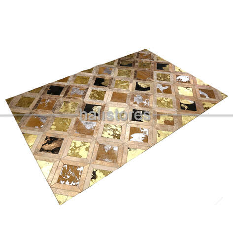 Varaklı Kahve-Gold Detaylı Deri Patchwork Halı - 2
