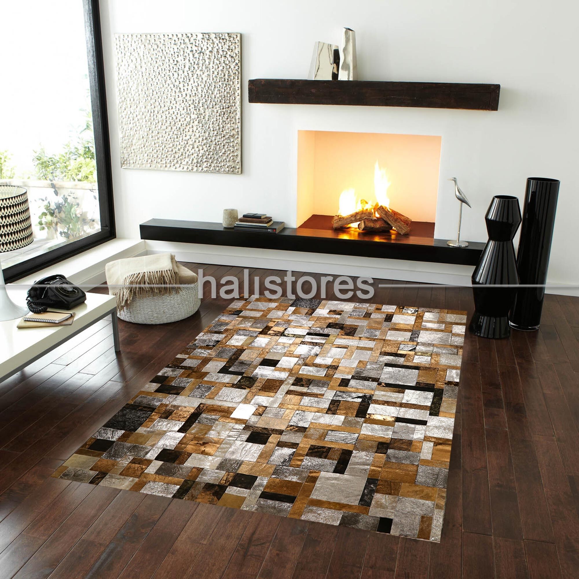 Varaklı Kahve-Gri Deri Patchwork Halı