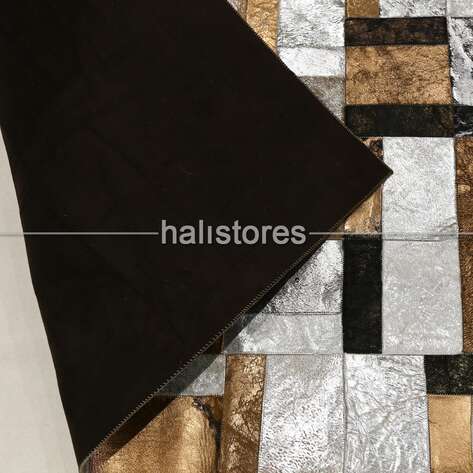Varaklı Kahve-Gri Deri Patchwork Halı - 6