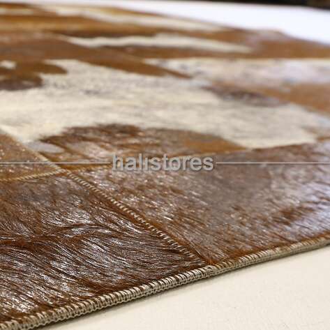 Varaklı Kahve-Krem Deri Patchwork Halı - 4