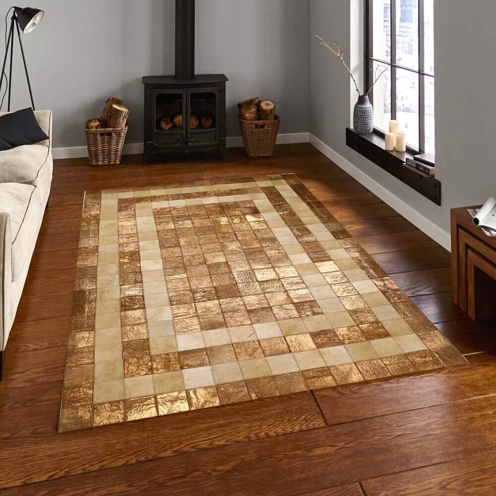 Varaklı Krem-Kahve Deri Patchwork Halı