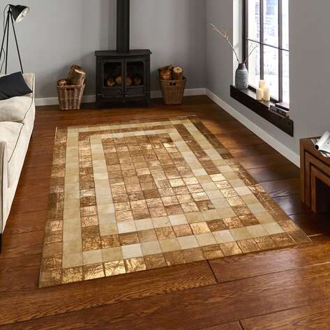 Varaklı Krem-Kahve Deri Patchwork Halı - 1