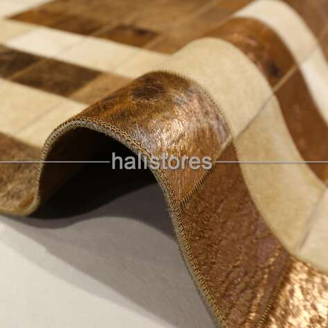 Varaklı Krem-Kahve Deri Patchwork Halı - 4