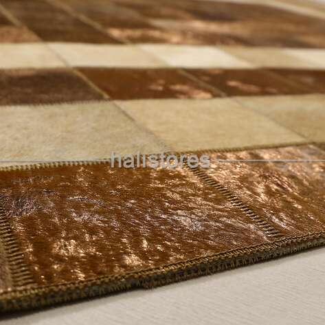 Varaklı Krem-Kahve Deri Patchwork Halı - 5